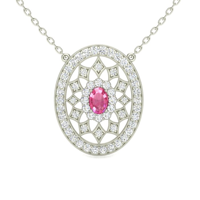 14k white gold fancy oval pendant with pink sapphire center